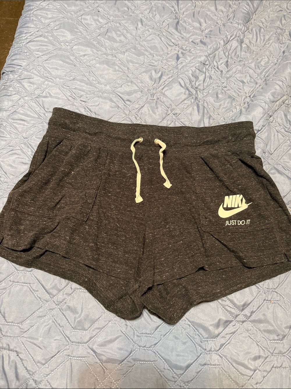 Nike Women's Charcoal Gray Athletic Lounge Shorts with White Drawstring